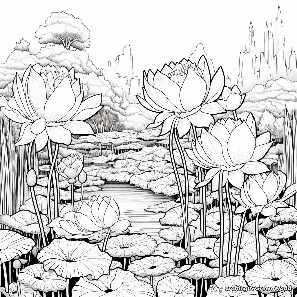 Lush Lotus Garden Coloring Pages for Adults 2