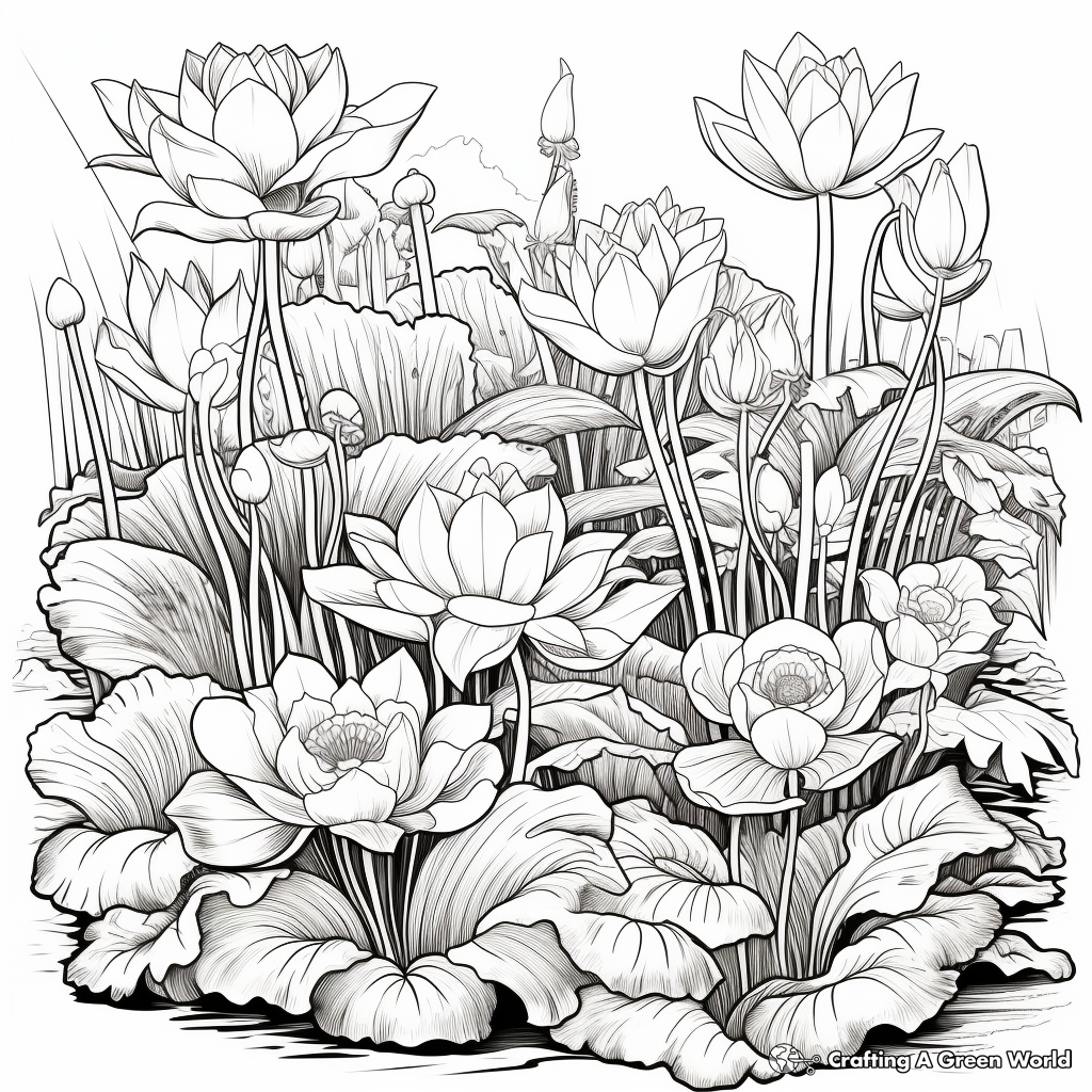 Lush Lotus Garden Coloring Pages for Adults 3