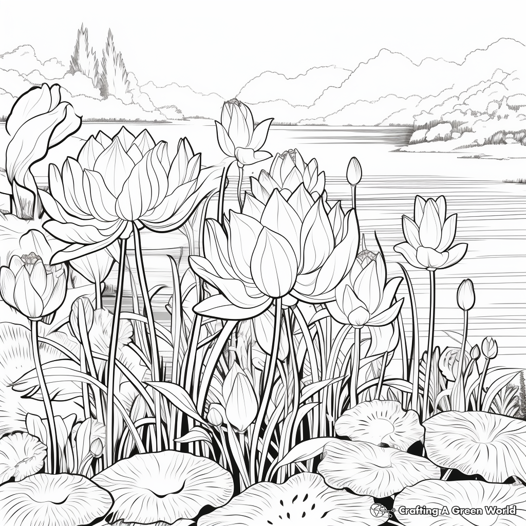 Lush Lotus Garden Coloring Pages for Adults 4