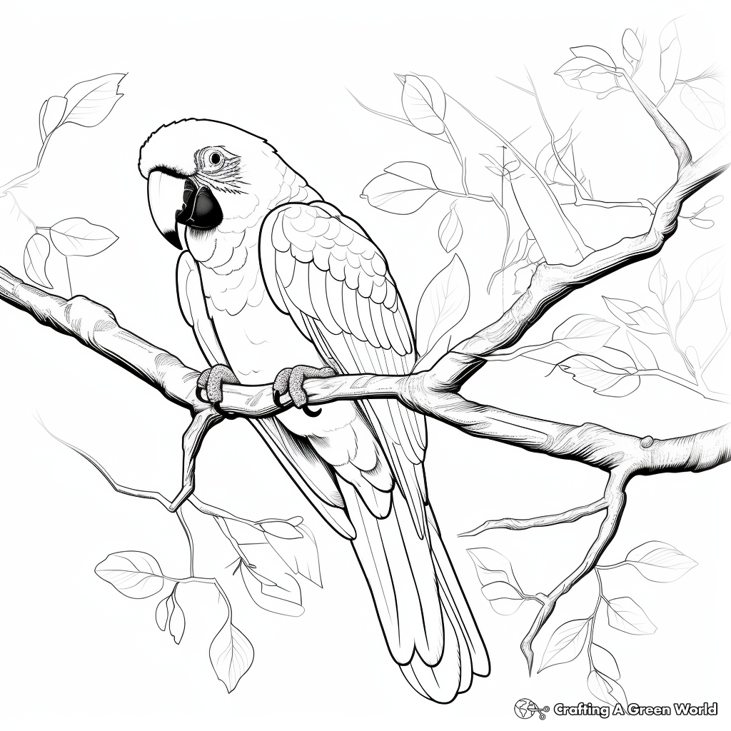 Macaw on a Tree Branch: Jungle-Scene Coloring Pages 1