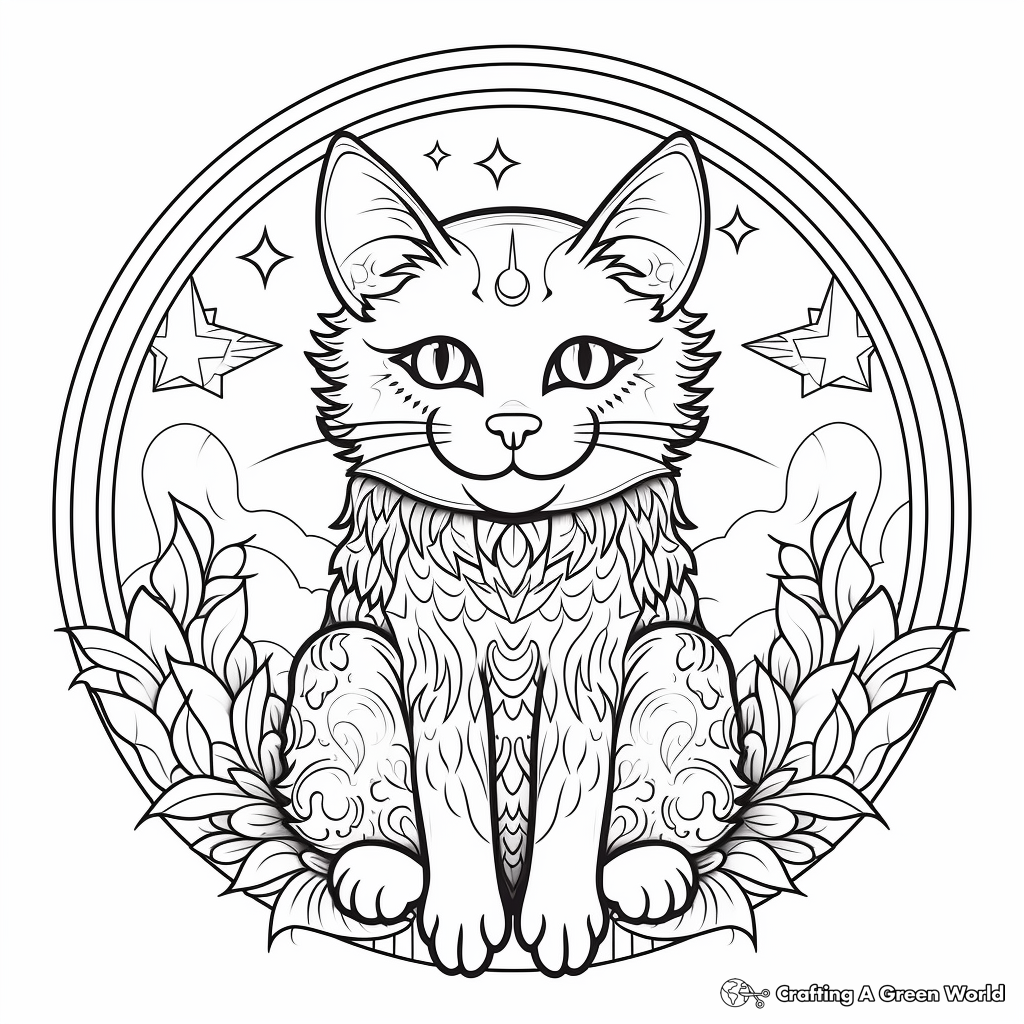Magical Cat and Moon Mandala Coloring Pages 1