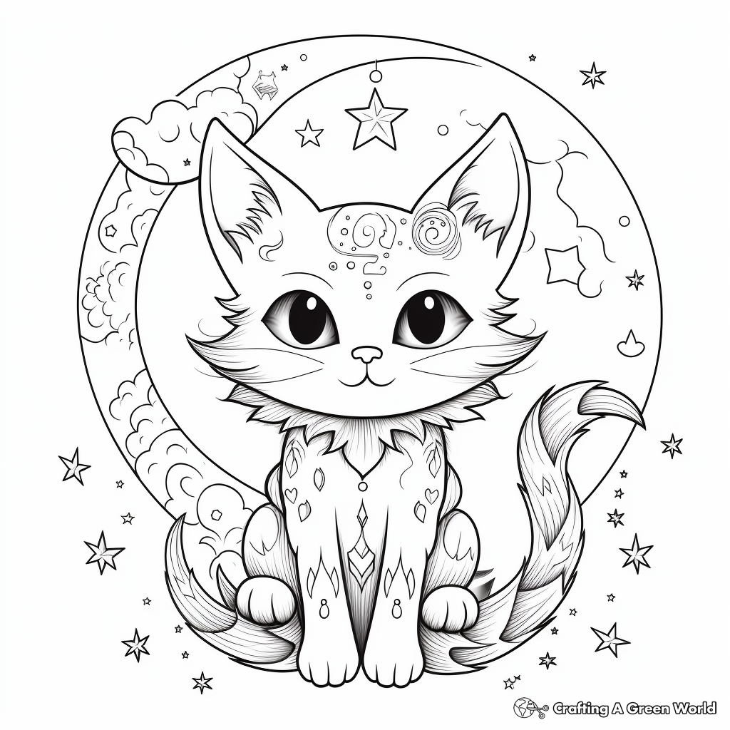 Magical Cat and Moon Mandala Coloring Pages 2
