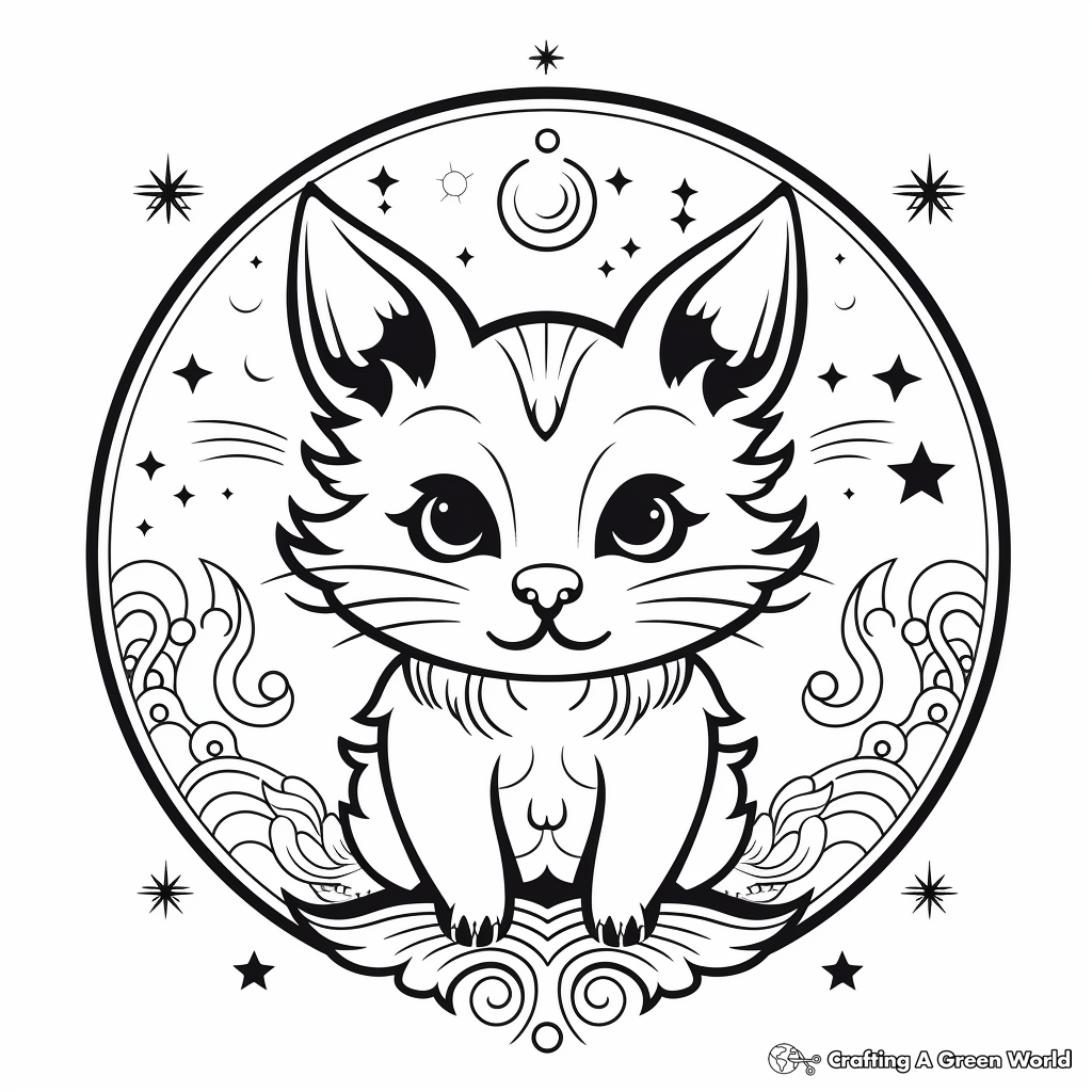 Magical Cat and Moon Mandala Coloring Pages 3