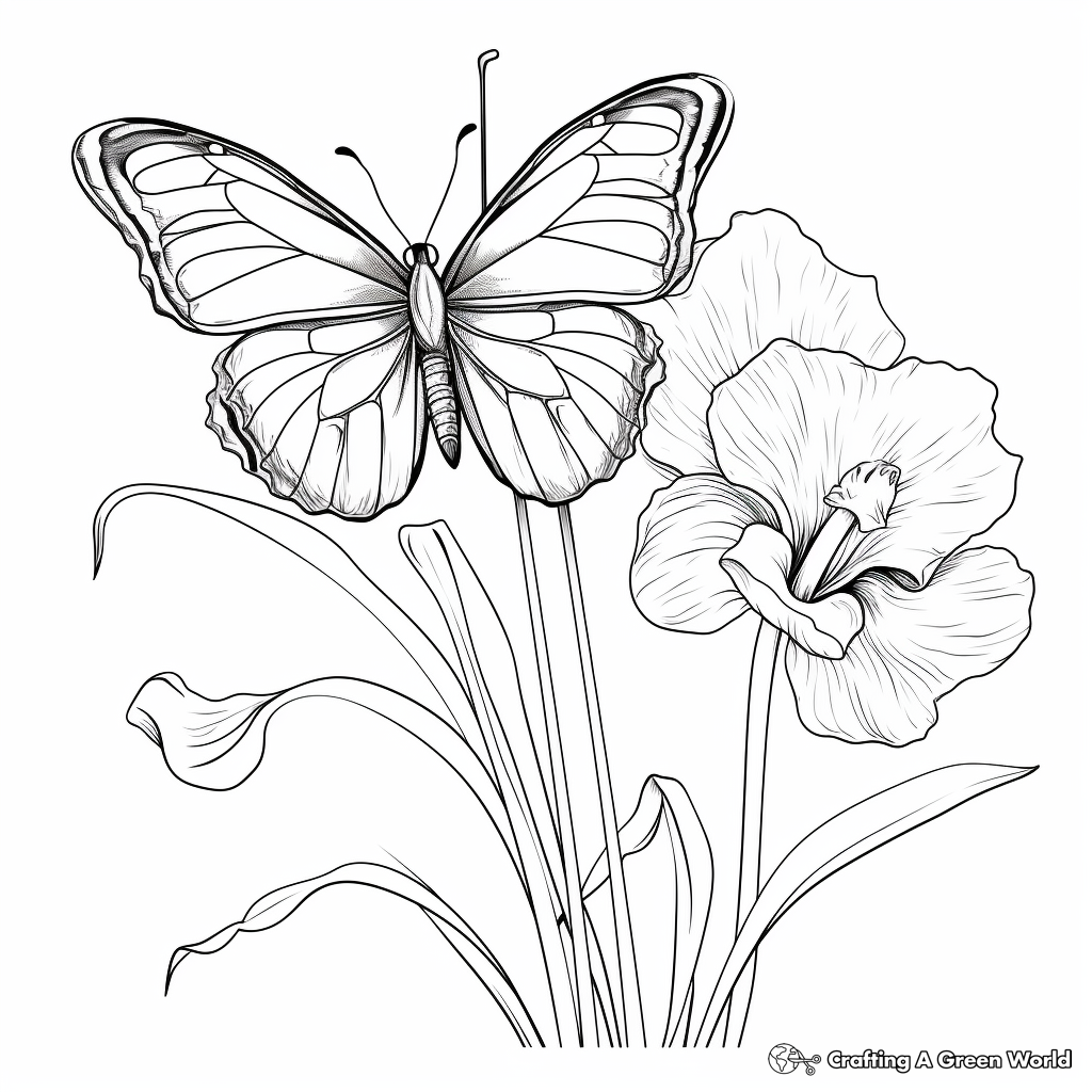 Majestic Blue Butterfly on an Iris Coloring Pages 2