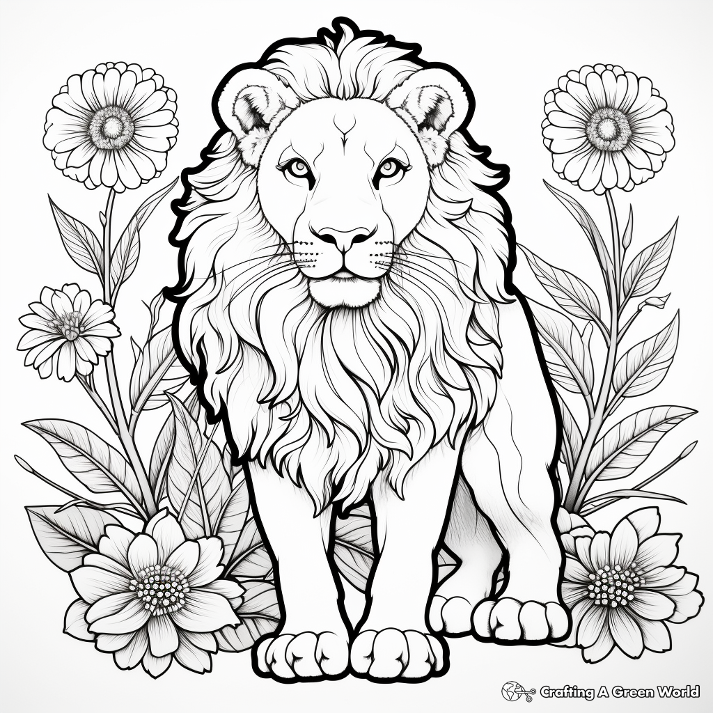 Majestic Lion with Marigold Coloring Pages 1