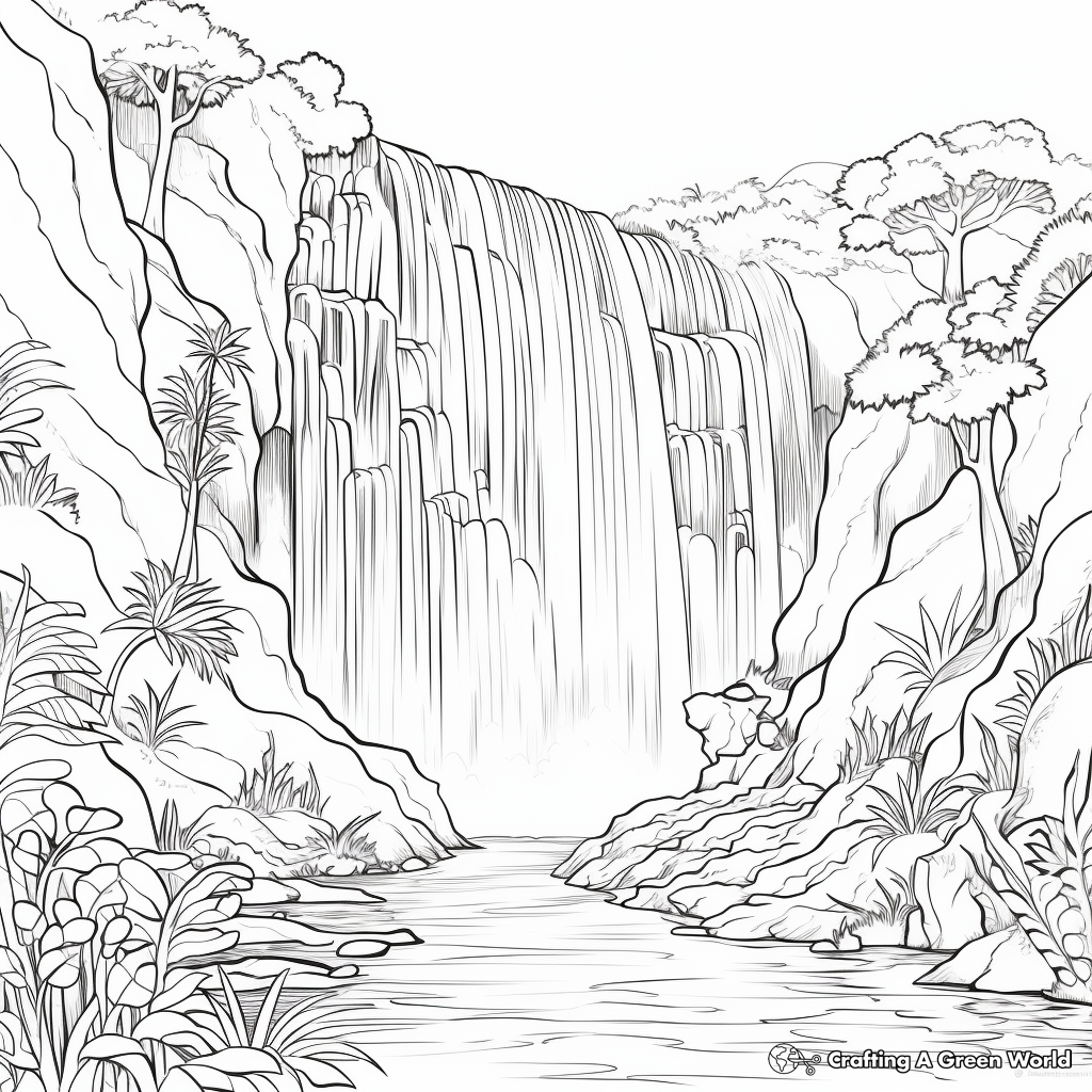 Majestic Waterfall Landscape Coloring Pages for Adults 4