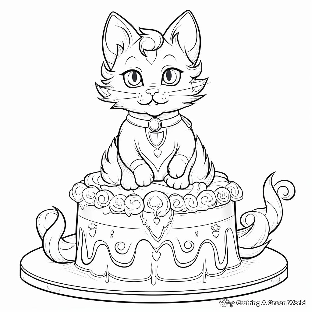 Majestically Adorned Cat-Themed Cake Coloring Pages 1