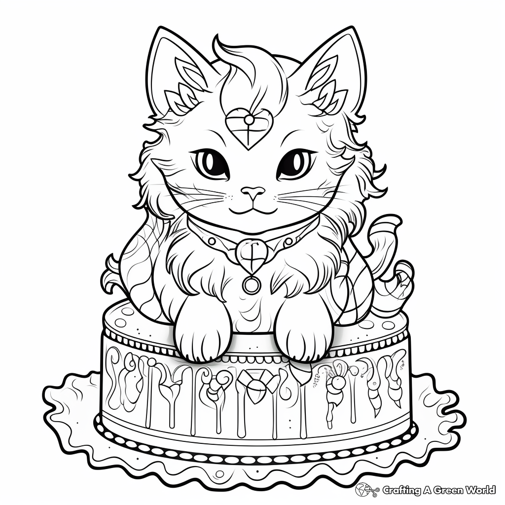Majestically Adorned Cat-Themed Cake Coloring Pages 3
