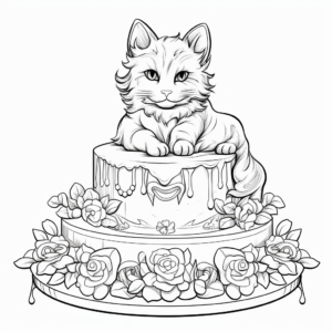 Majestically Adorned Cat-Themed Cake Coloring Pages 4
