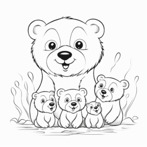 Mama Bear Teaching Cubs to Fish Coloring Pages 1
