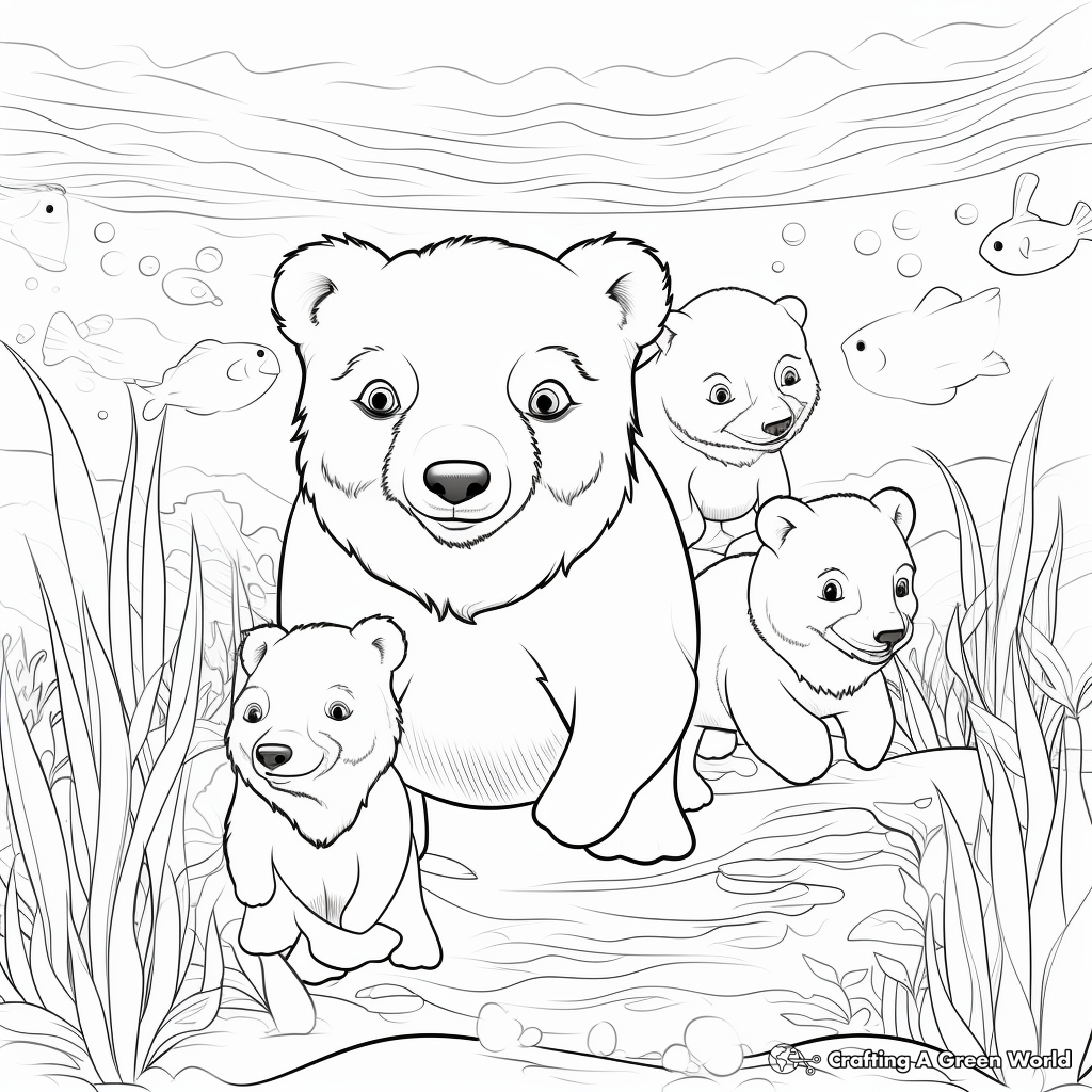 Mama Bear Teaching Cubs to Fish Coloring Pages 2