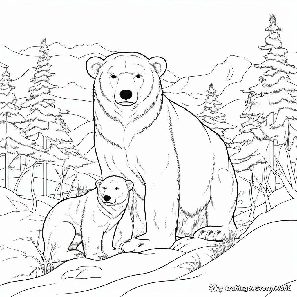Mama Polar Bear Coloring Pages With Snow Scene 2