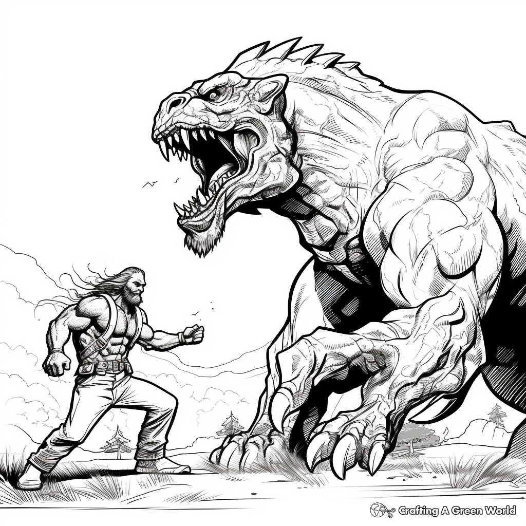 Man Versus Giganotosaurus: Battle Scene Coloring Pages 1