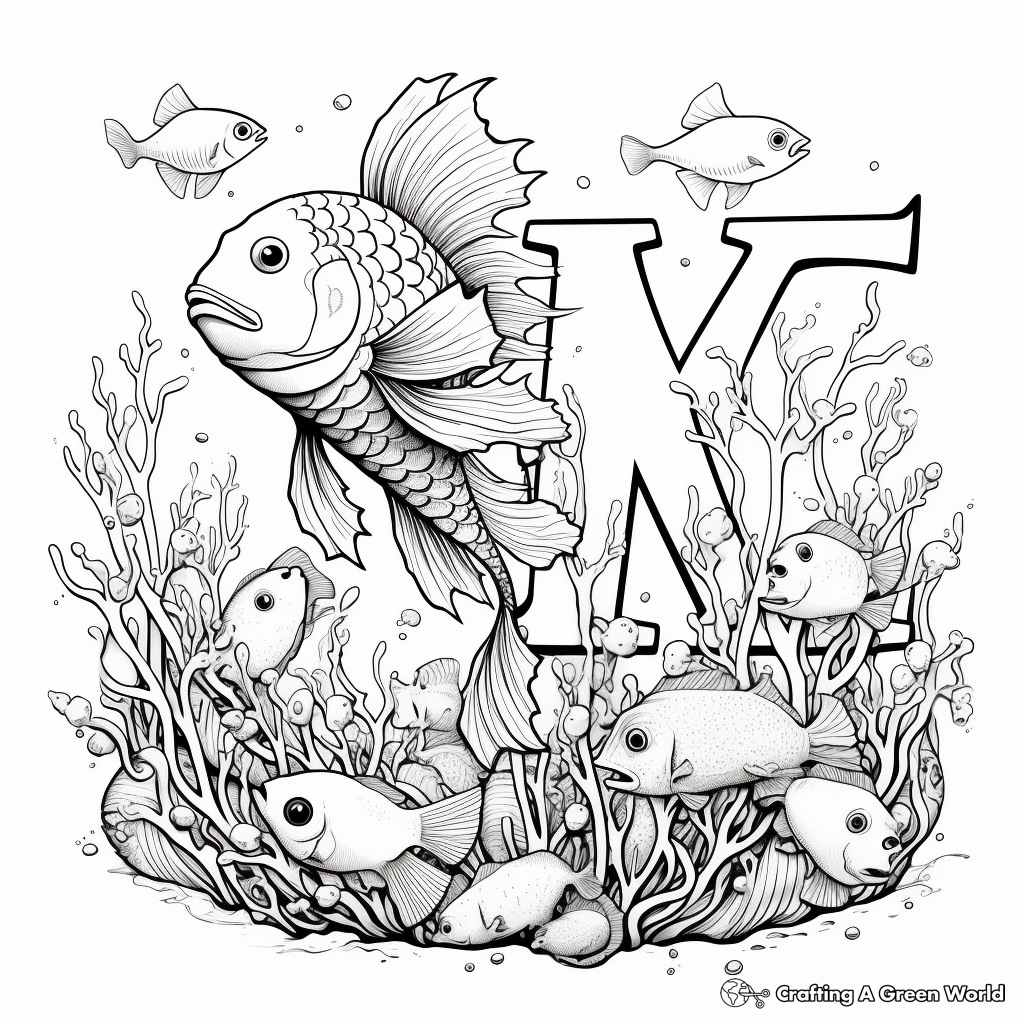 Marine Alphabet Coloring Pages: Aquatic animals and letters 1