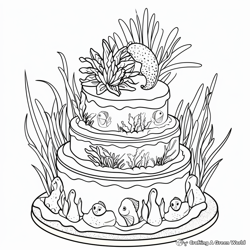 Mermaid Cake Coloring Pages Featuring Seaweeds and Corals 1