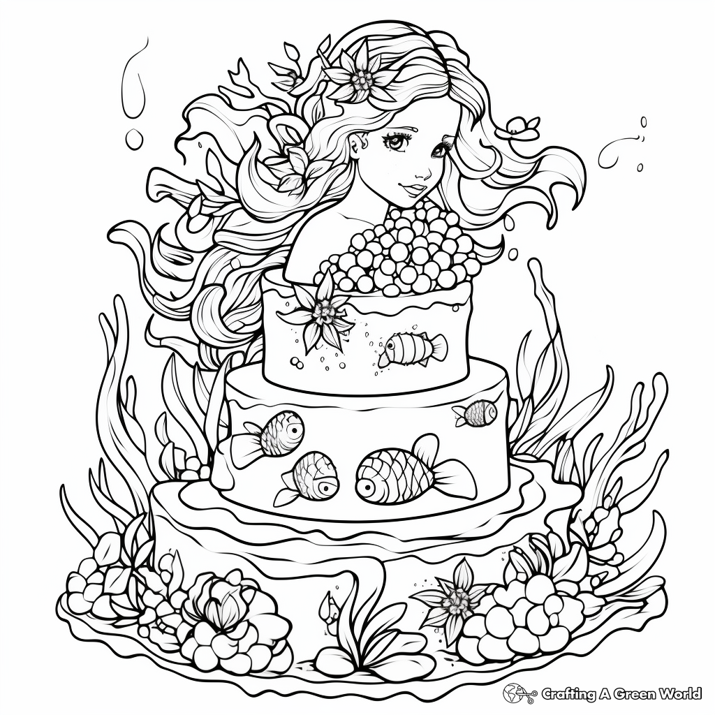 Mermaid Cake Coloring Pages Featuring Seaweeds and Corals 2