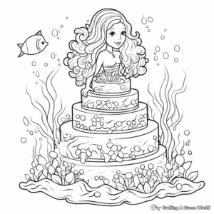 Mermaid Cake Coloring Pages Featuring Seaweeds and Corals 4