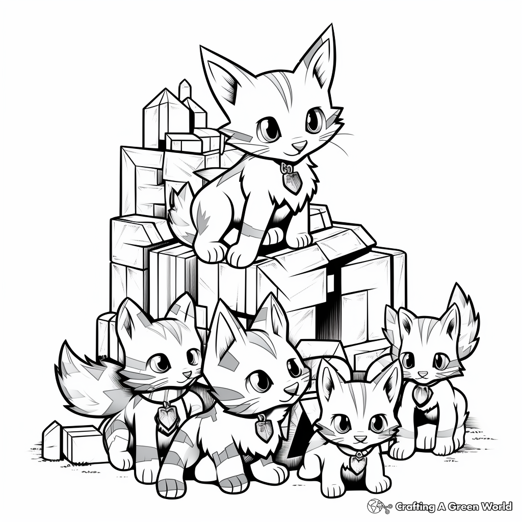 Minecraft Cat Family Coloring Pages: Parents and Kittens 1
