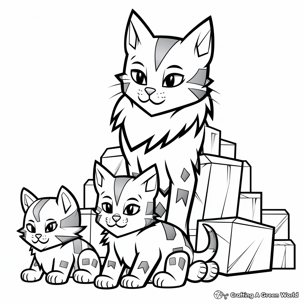 Minecraft Cat Family Coloring Pages: Parents and Kittens 3