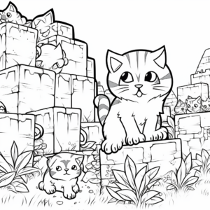 Minecraft Cats and Creepers Scene Coloring Pages 1
