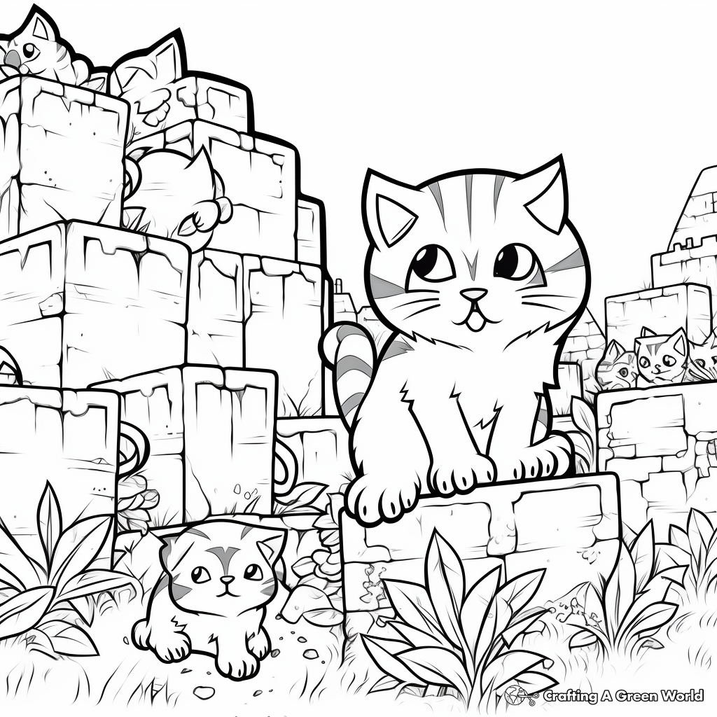 Minecraft Cats and Creepers Scene Coloring Pages 1