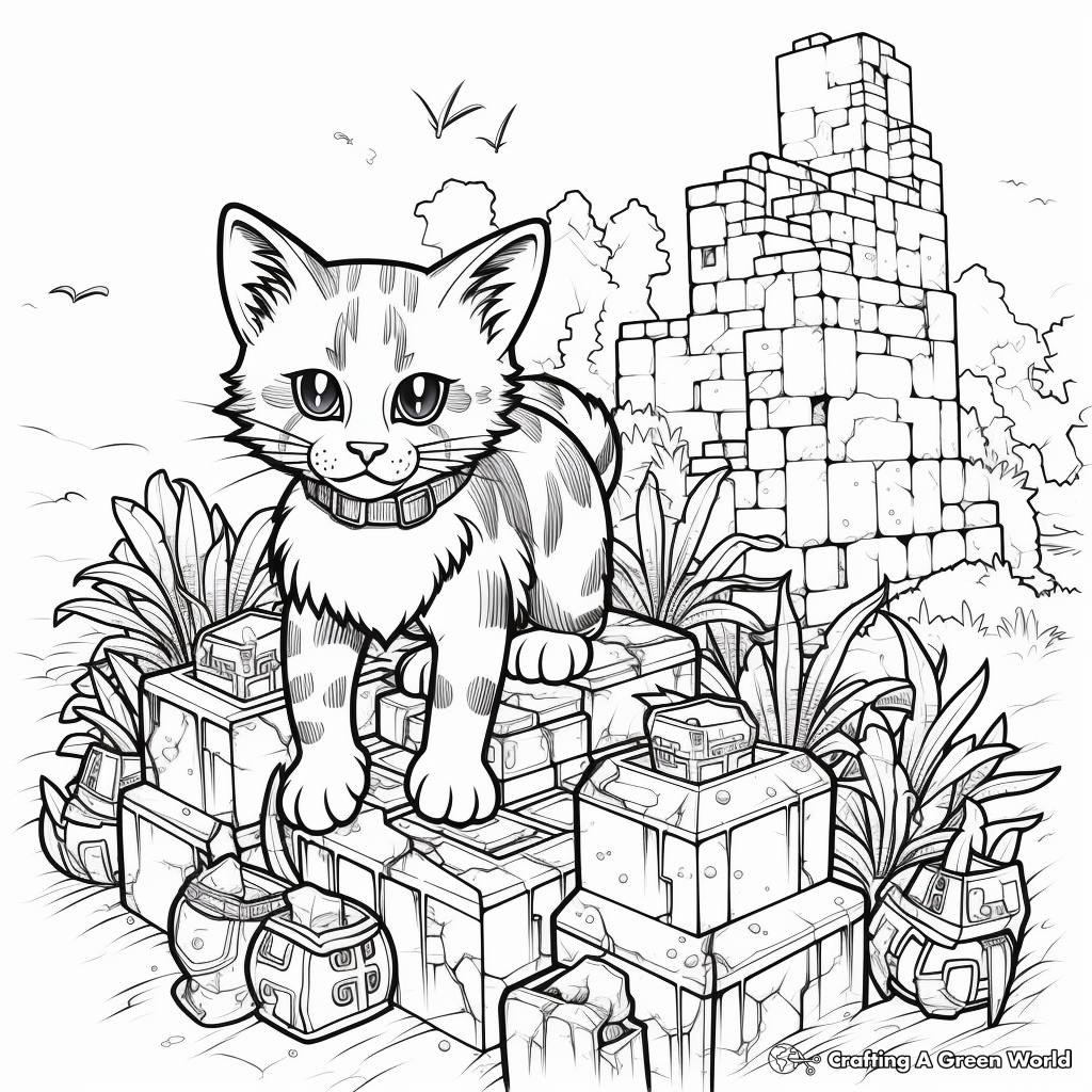 Minecraft Cats and Creepers Scene Coloring Pages 3