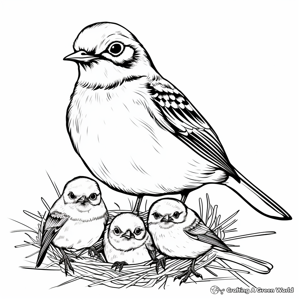 Mockingbird Family Coloring Pages: Mother, Father, and Chicks 1