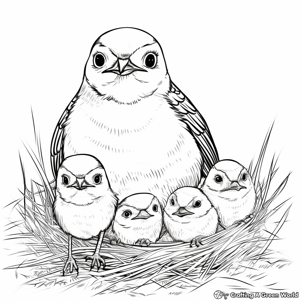 Mockingbird Family Coloring Pages: Mother, Father, and Chicks 2
