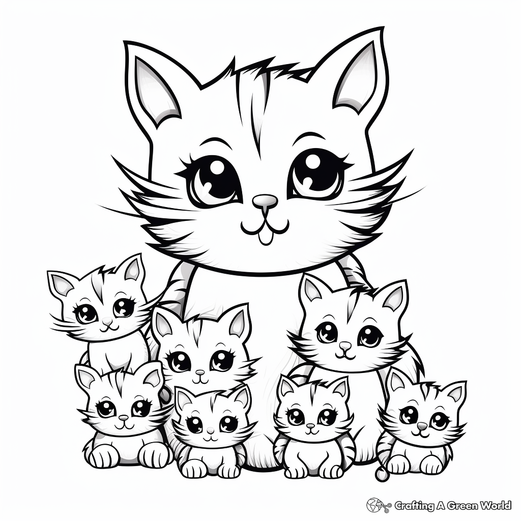 Mommy Cat and Her Kittens Coloring Page 2