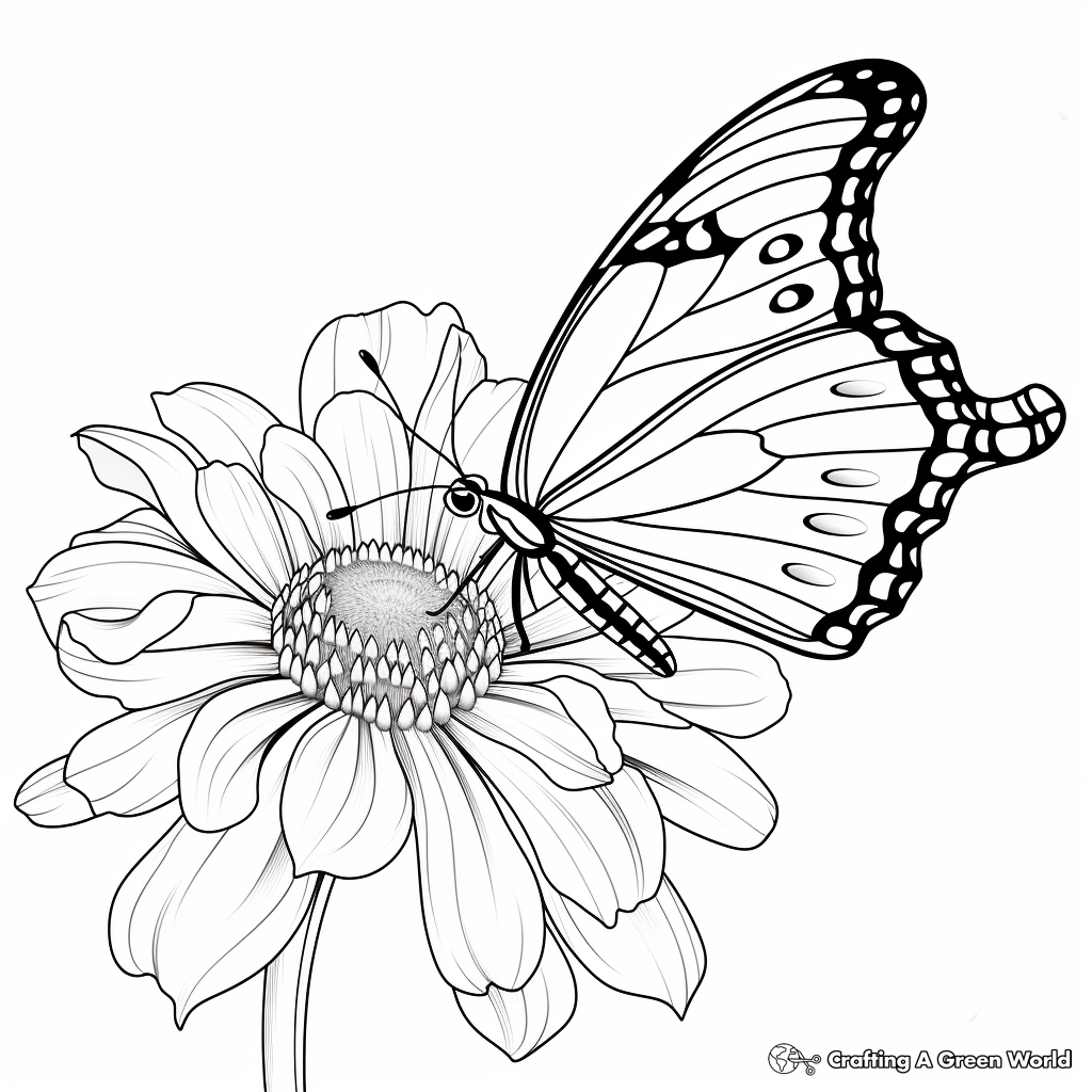 Monarch on Zinnia Coloring Pages: Nature Scene 3