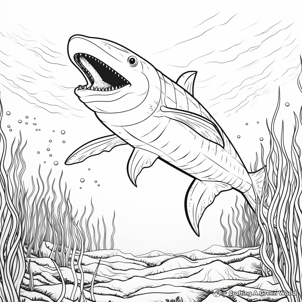 Mosasaurus in the Open Ocean: Scene Coloring Pages 2