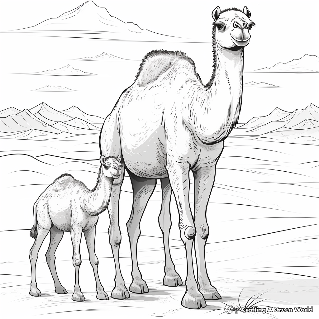 Mother and Baby Camel in the Desert Coloring Pages 1