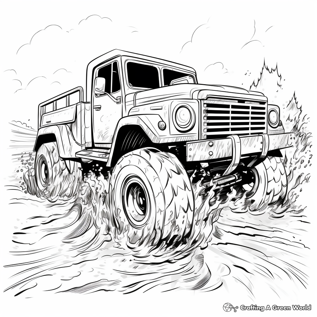 Muddy Action-Packed Mud Truck Scene Coloring Pages 1