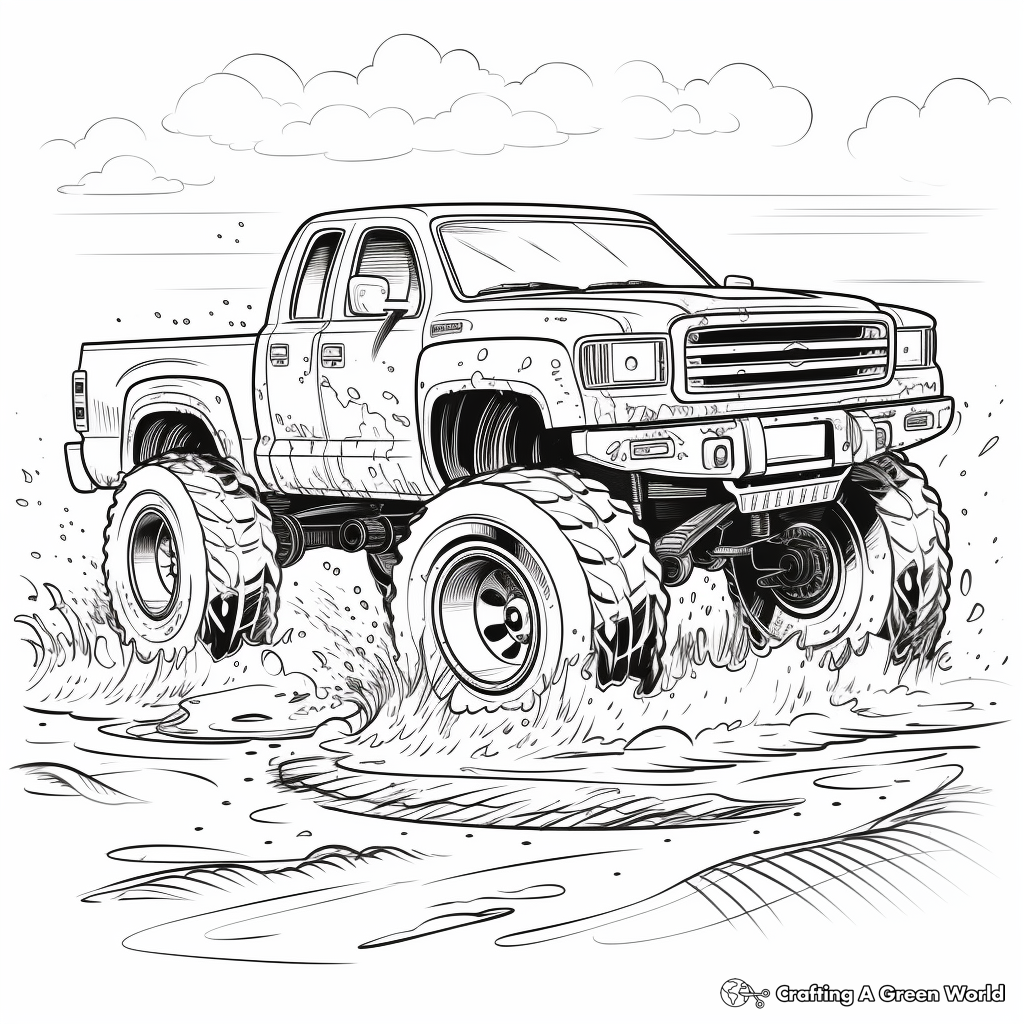 Muddy Action-Packed Mud Truck Scene Coloring Pages 4