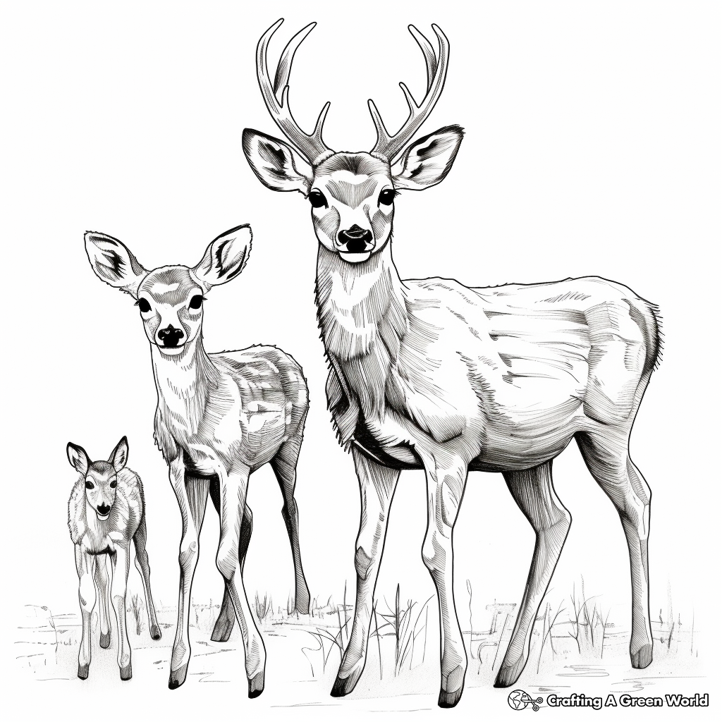 Mule Deer Family Coloring Pages: Male, Female, and Fawns 2