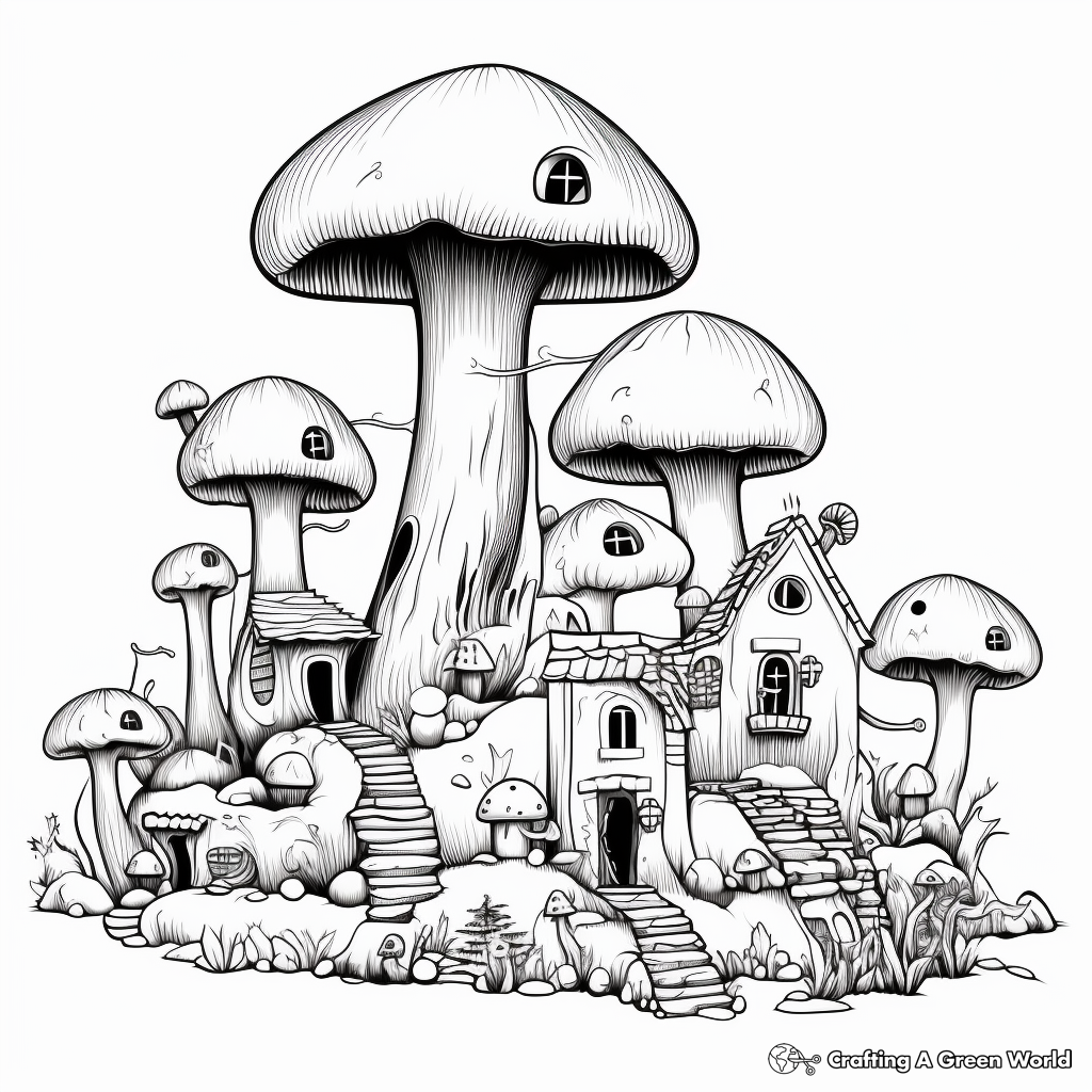 Mushroom Village Fantasy Coloring Pages 1