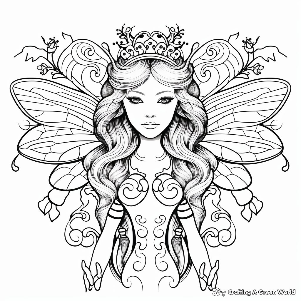 Mystic Fantasy Queen Bee Coloring Pages for Adults 4