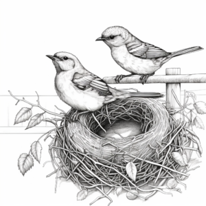 Nest Building Wrens: Countryside Scene Coloring Pages 1