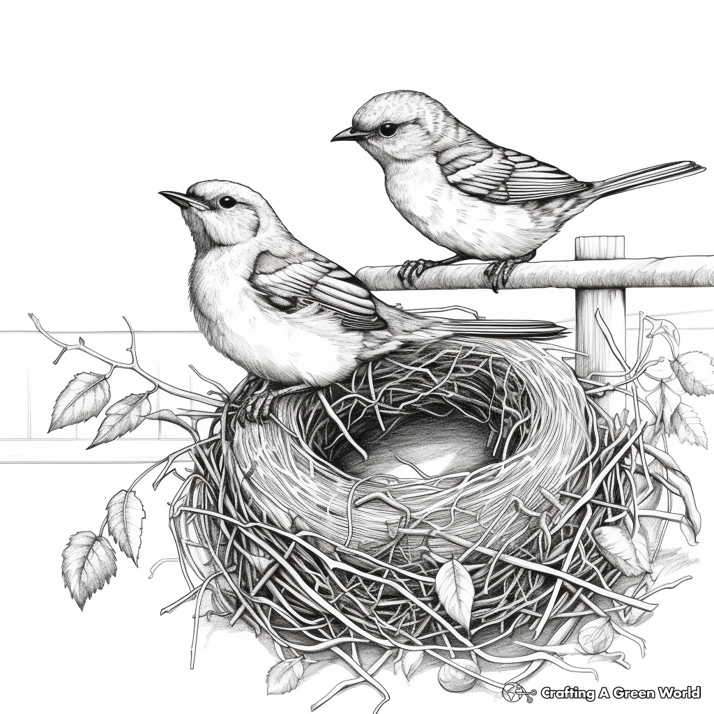 Nest Building Wrens: Countryside Scene Coloring Pages 1