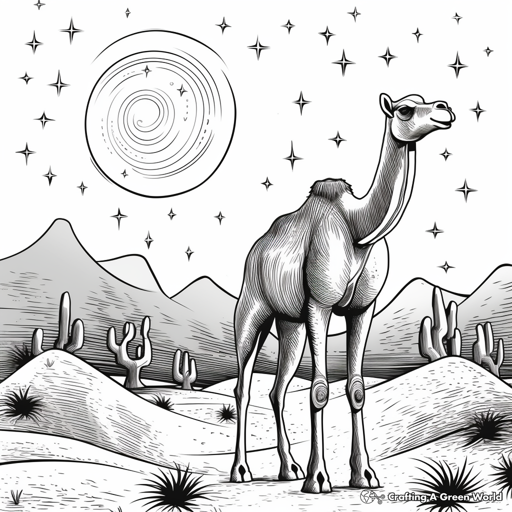 Night Scene: Camel in the Desert Under Starlight Coloring Pages 1