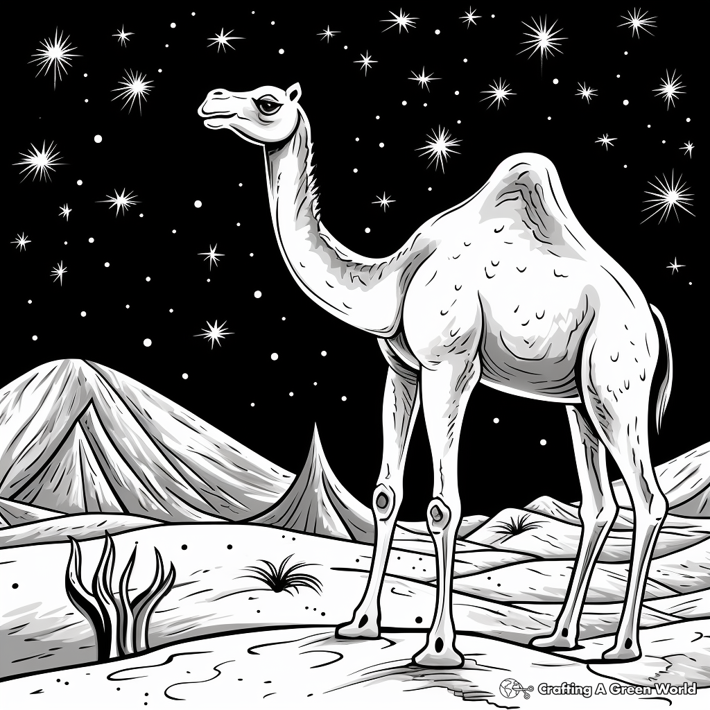 Night Scene: Camel in the Desert Under Starlight Coloring Pages 2