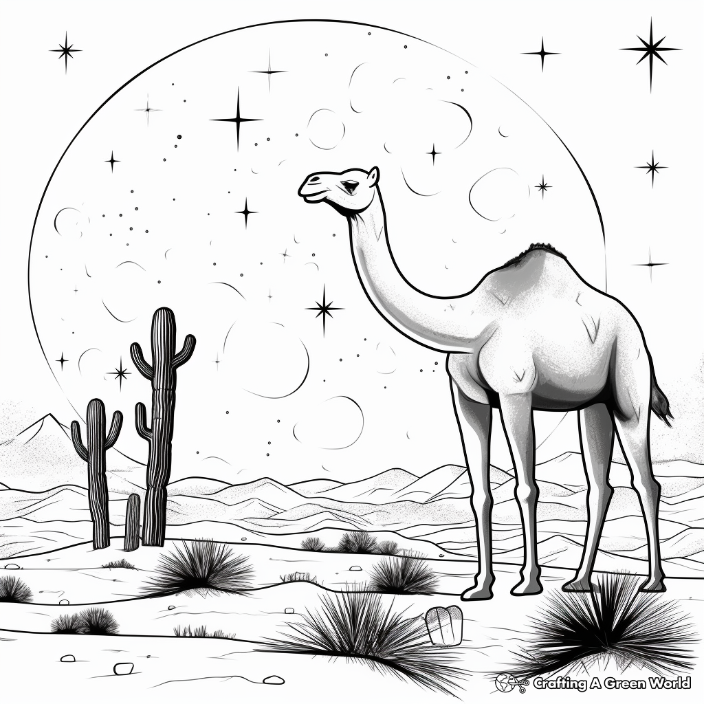 Night Scene: Camel in the Desert Under Starlight Coloring Pages 4