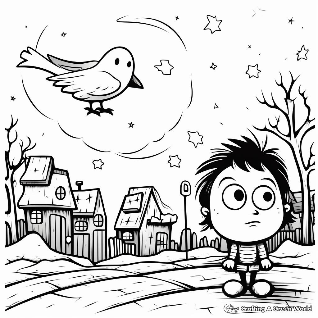 Nocturnal Crow Scene Coloring Pages 1