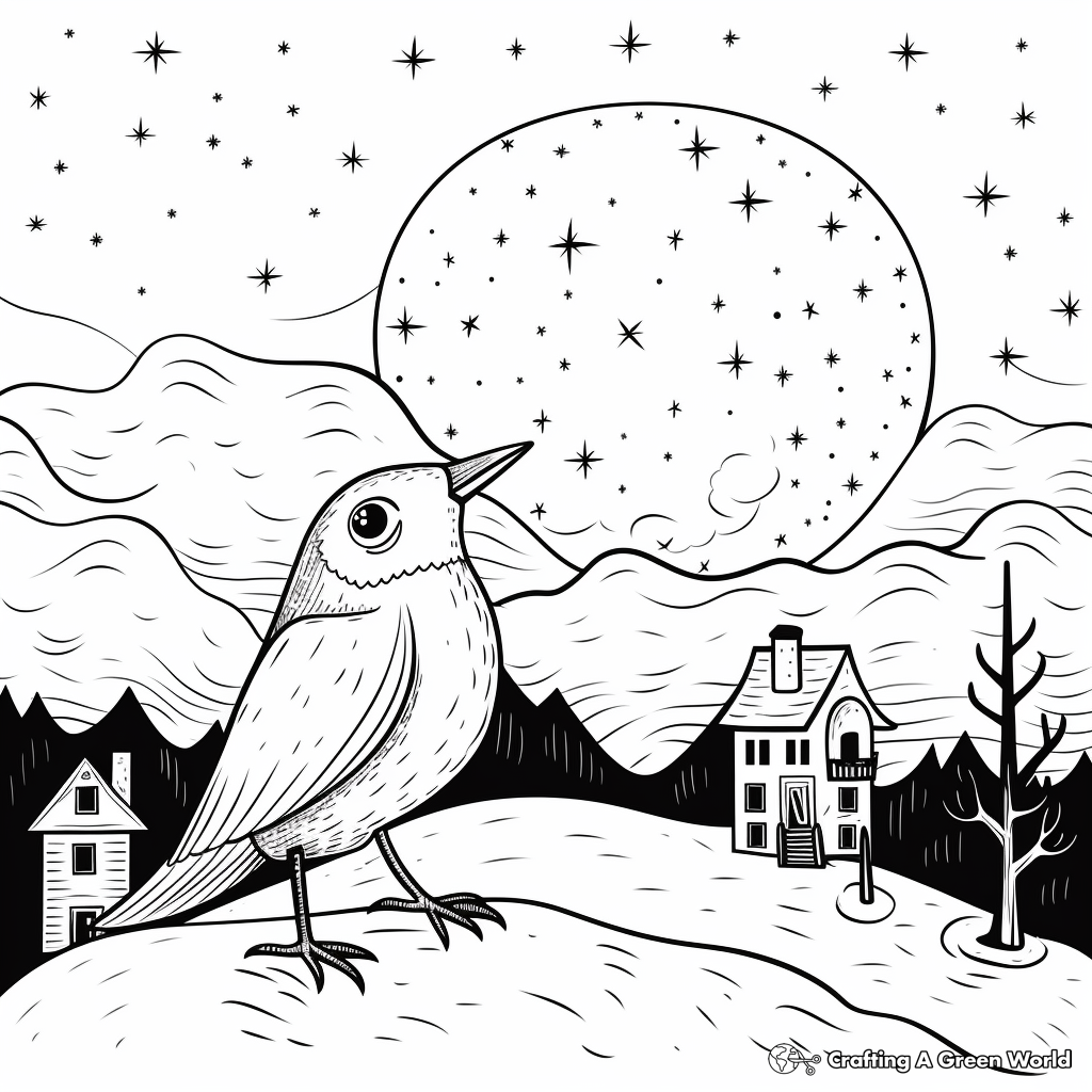 Nocturnal Crow Scene Coloring Pages 4