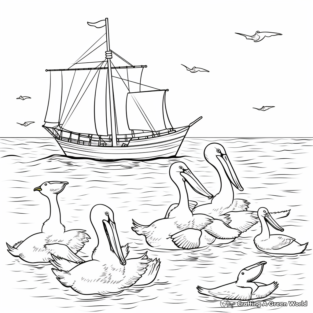 Ocean Scene with Pelicans Coloring Page 1