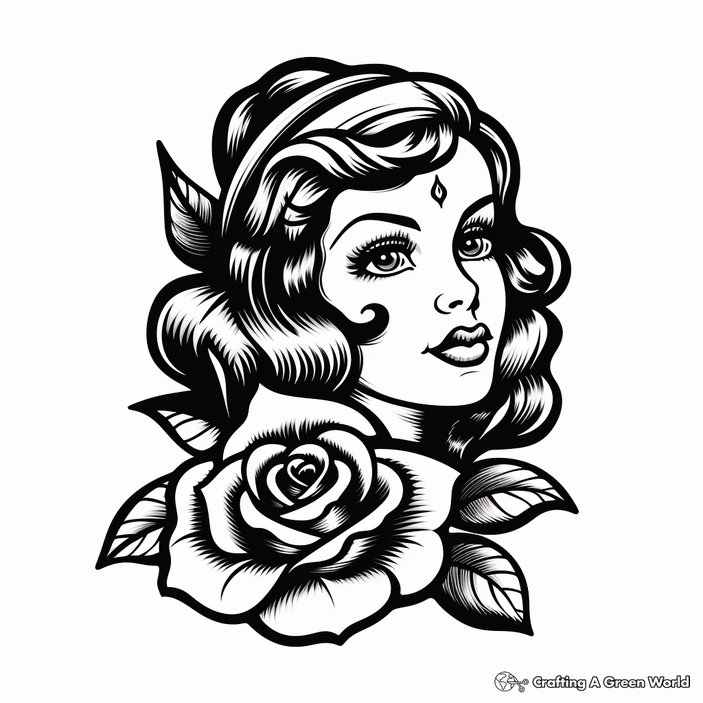 Old School Sailor Rose Tattoo Coloring Pages 1
