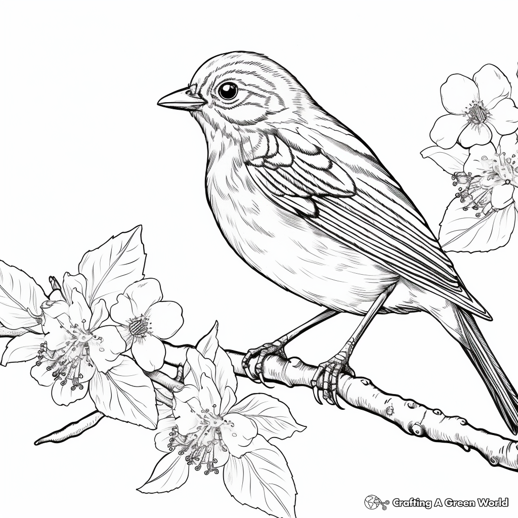 Oriole and Cherry Blossom Coloring Page 1
