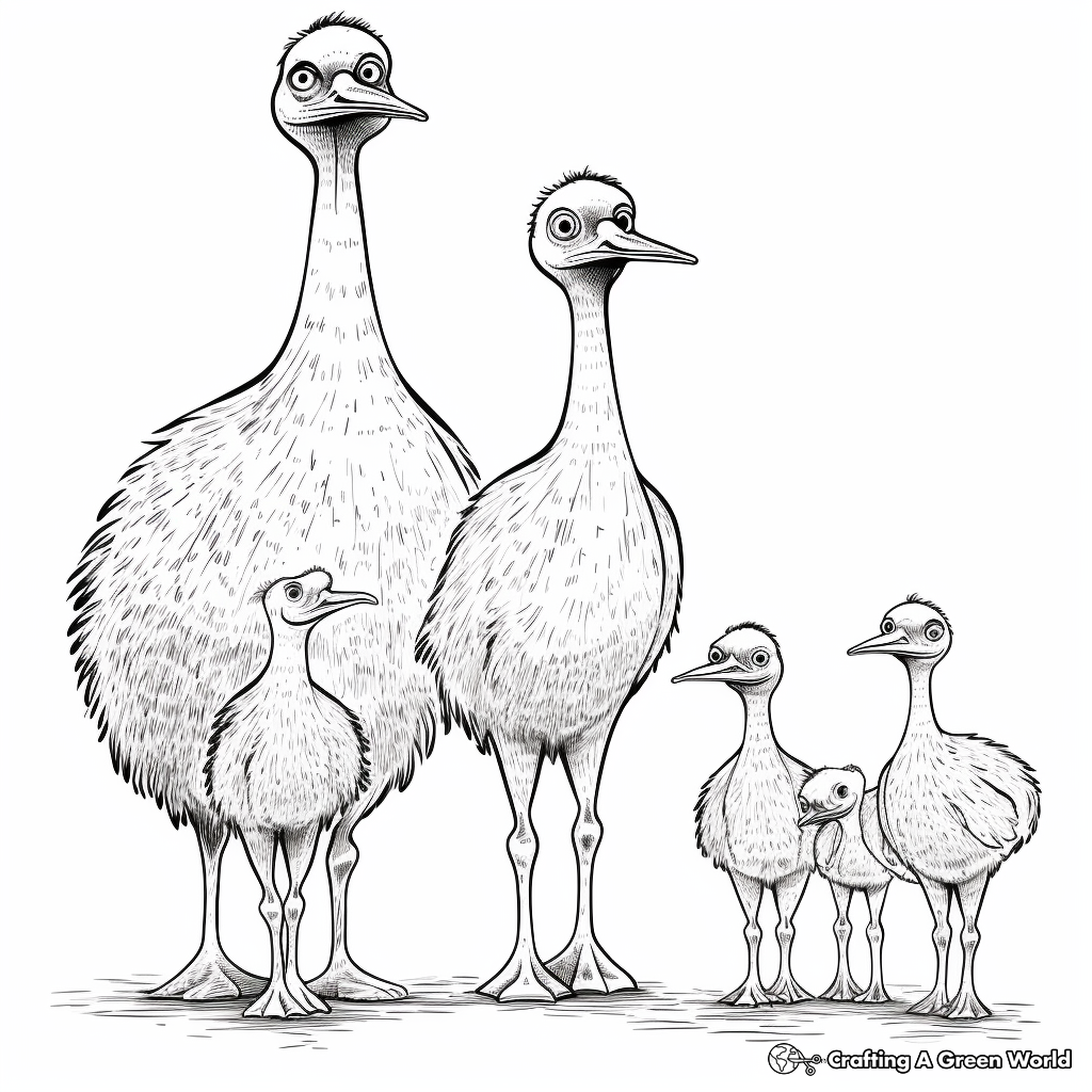 Ostrich Family Coloring Pages: Male, Female, and Chicks 2
