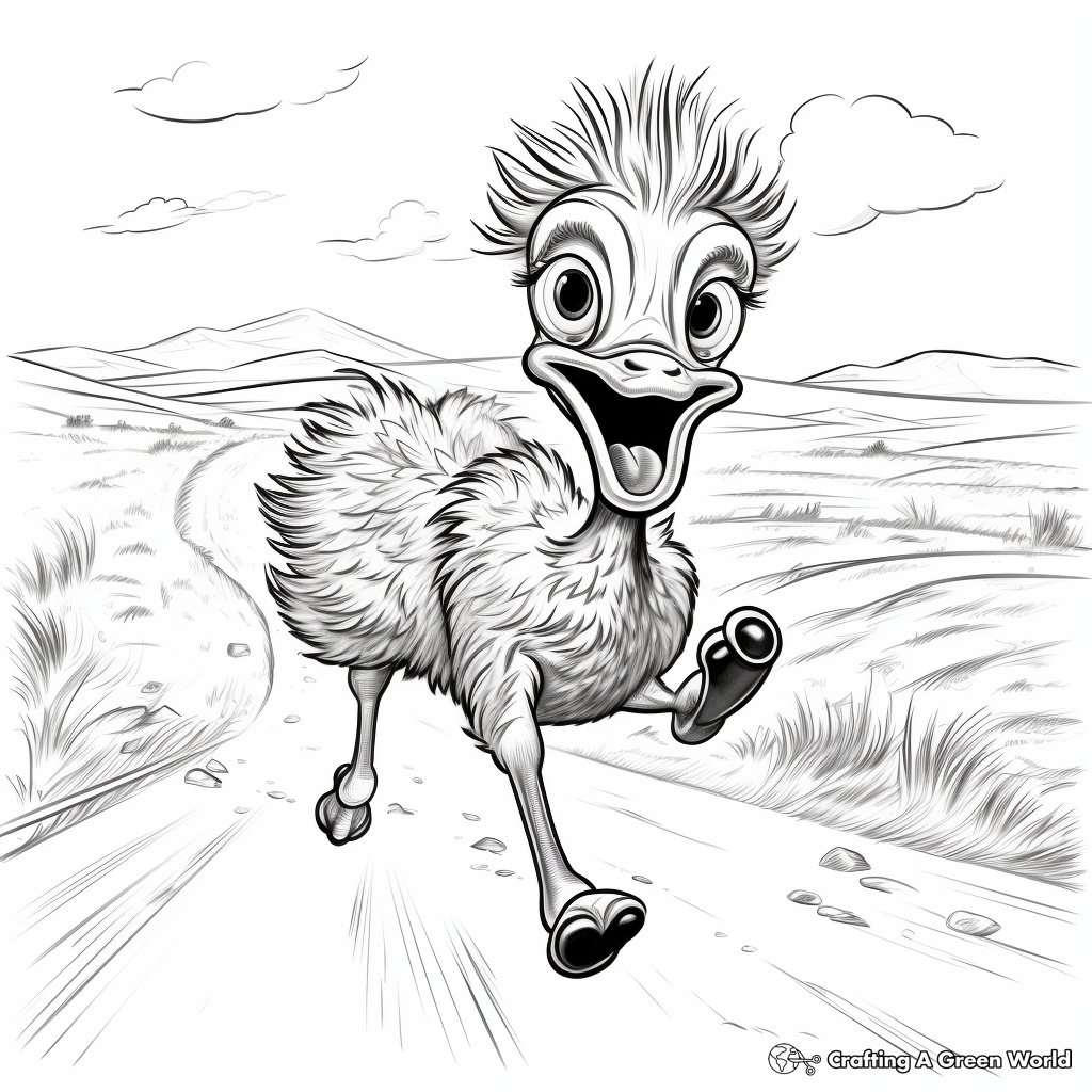 Ostrich Running Fast: Action Scene Coloring Pages 1