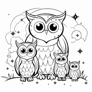 Owl Family in the Night Sky: Starry-Scene Coloring Pages 2